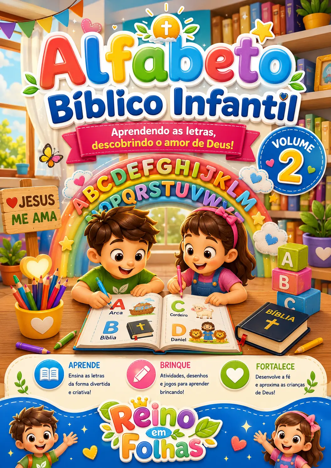 Capa do material Alfabeto Bíblico Infantil — Reino em Folhas