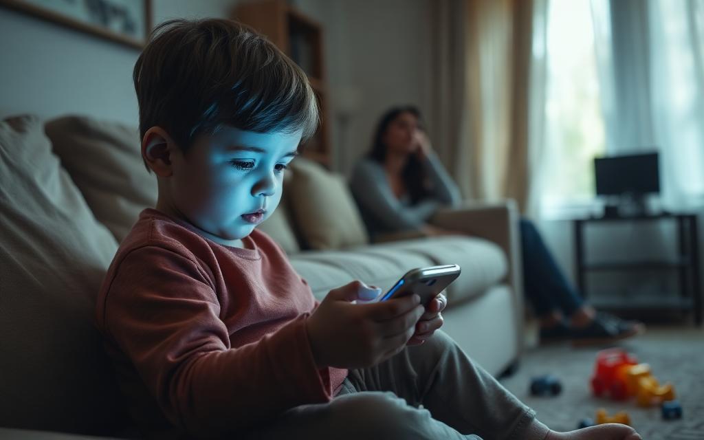 Criança passando o dia inteiro no celular enquanto a mãe observa triste ao fundo