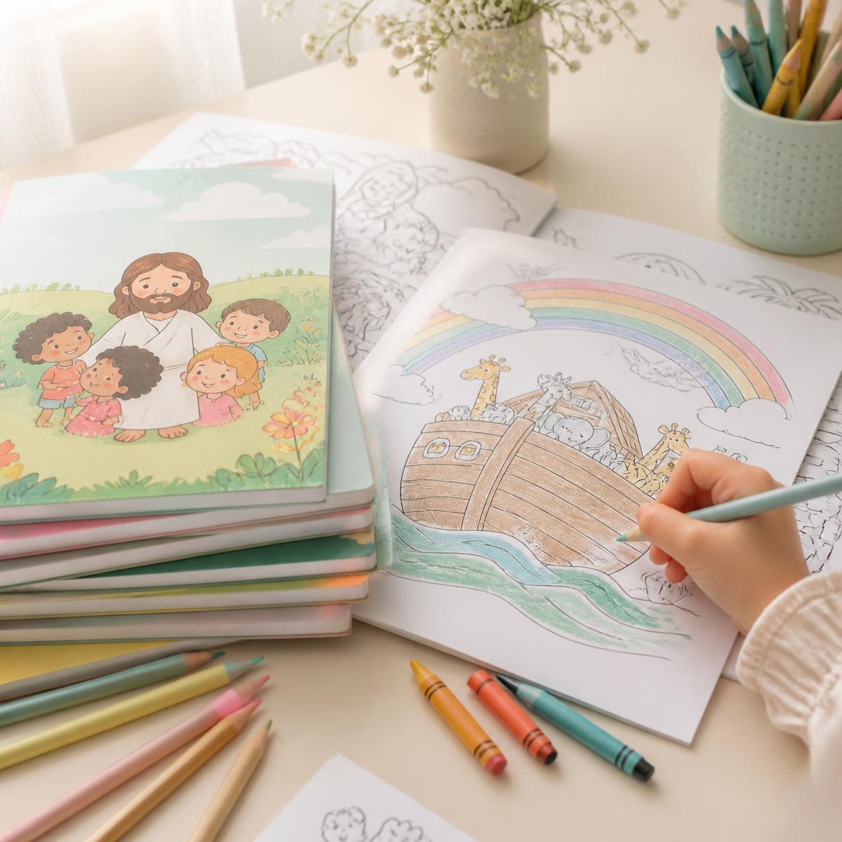 Livros de atividades bíblicas impressos, lápis de cor e criança colorindo uma página da Arca de Noé